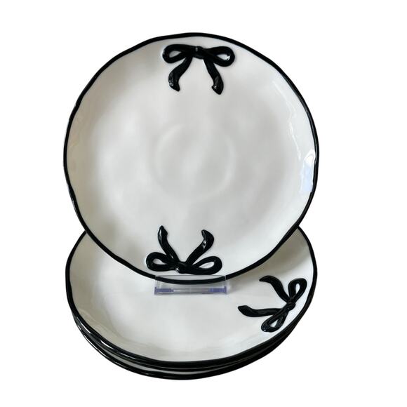 Hand Painted Coquette Black Bow Salad Bowls 6.25in White Ceramic Set of 4 NEW - Picture 13 of 15